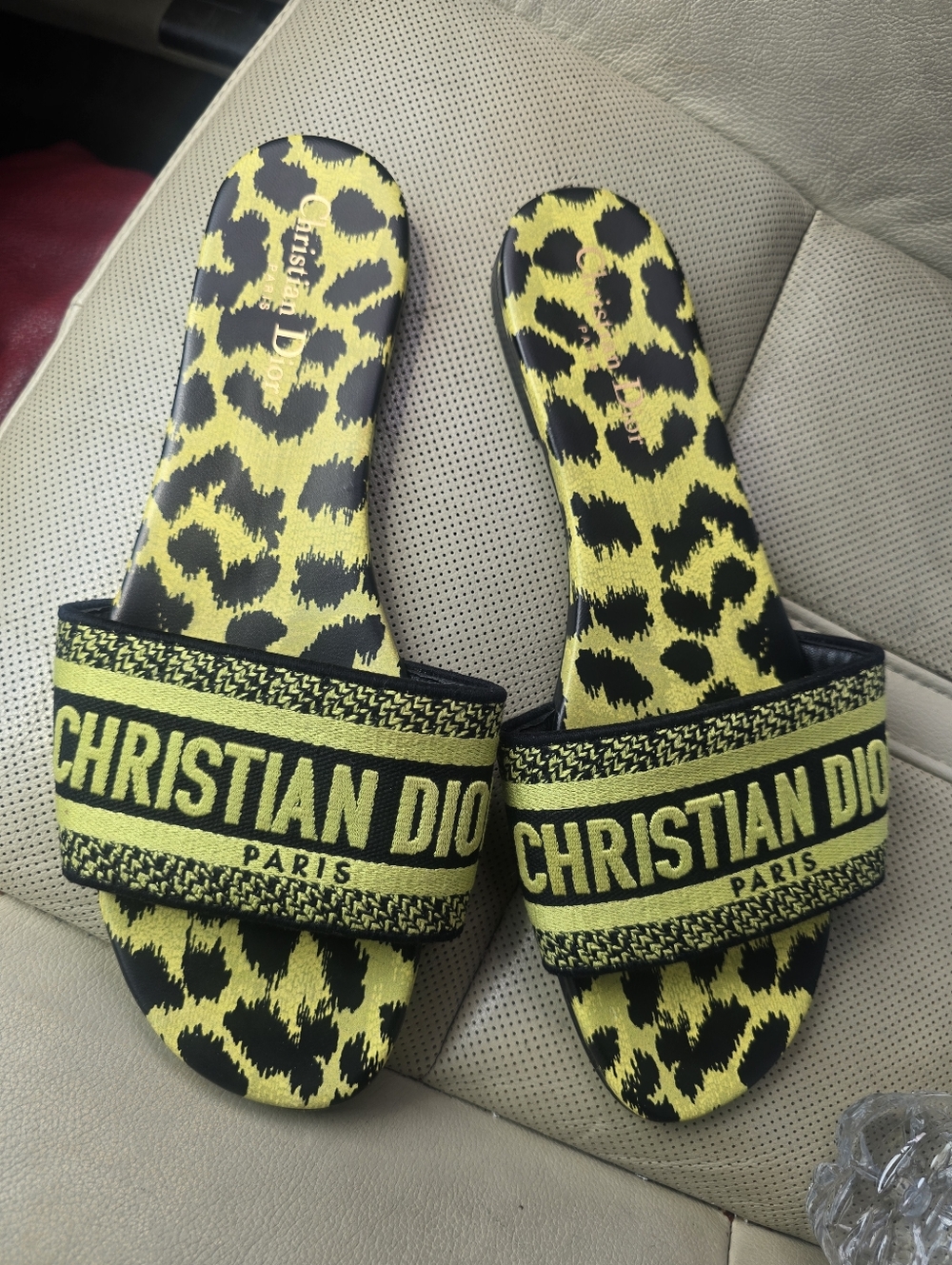 Dior Dway Slide Sandals Lime Pop Leopard Print Size 41